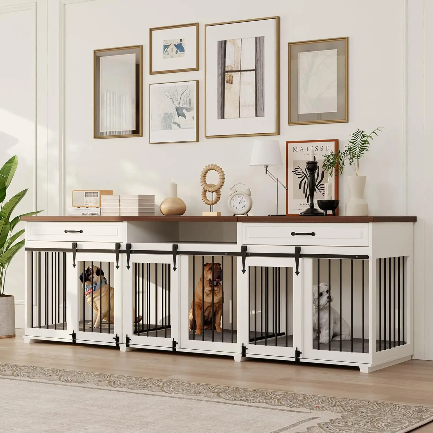 

Wooden Dog Crate with Sliding Doors, Drawers, and Shelf - White, 95'L x 23.6'W x 31.5'H