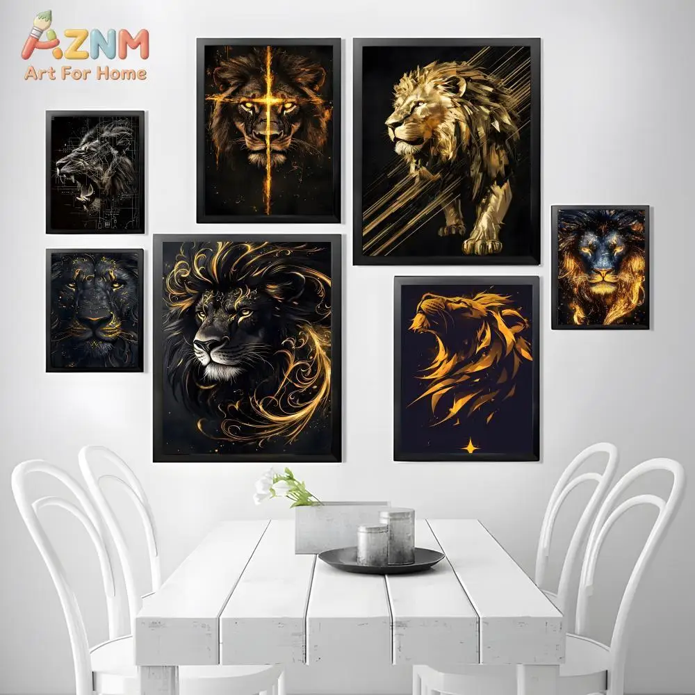 AZNM Golden Black Lion Frameless Canvas Wall Art, Modern Animal Portrait Print, Luxury Living Room Home Decor, Unframed Painting