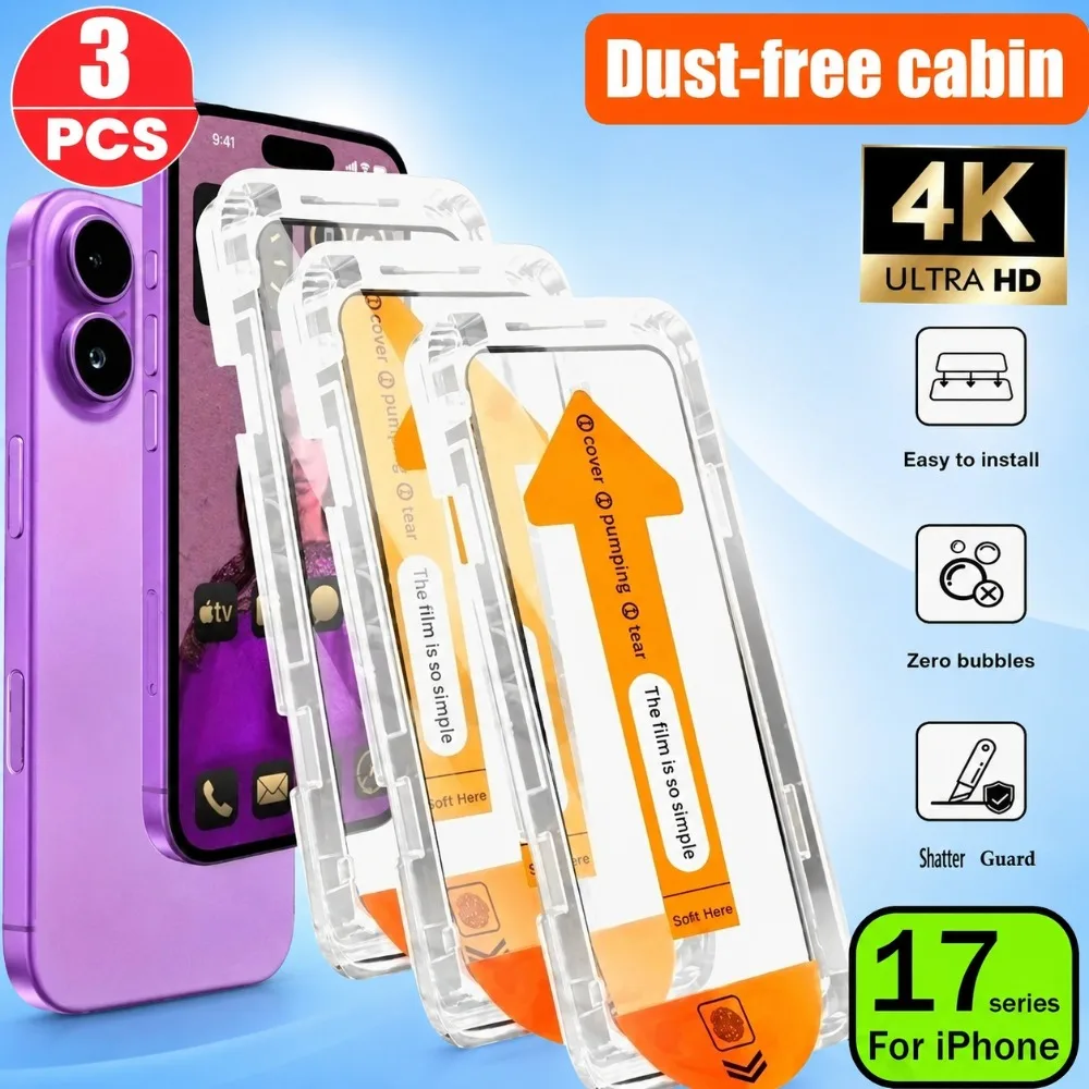 

3Pcs Full Cover Tempered Glass for iPhone 17 16 15 14 Pro Max 17e Air 16e 13 12 11 Pro 15 14 Plus Dust Free Installation Glass