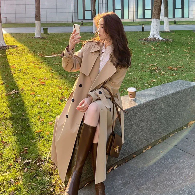 

Streetwear Loose Trench Coat Midi Length Fashion Korean Elegant Khaki Black Women's Windbreaker Coat Casual Double Breasted Tops