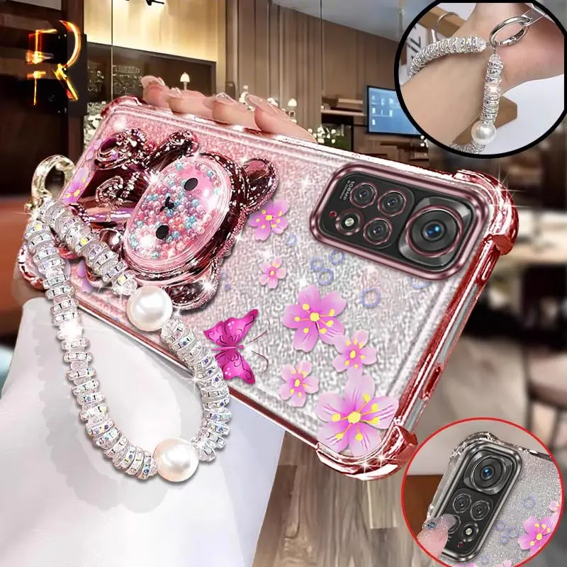 

Note 11Pro Pink butterfly prints Bracelet Holder Phone Case For Xiaomi Redmi Note 10Pro 11EPro 10T 11Pro 10 10S 11 11S 10X Cover