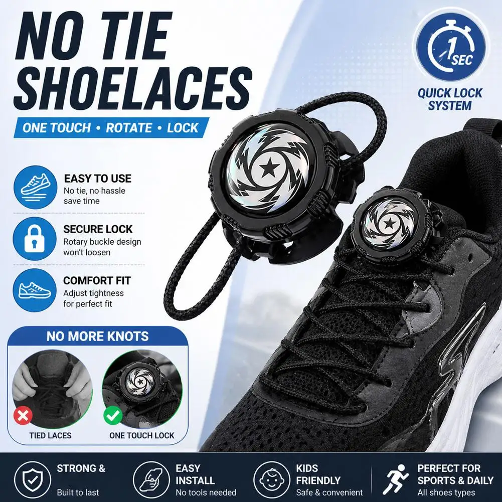 Rotary Dial No-Tie Shoelaces Automatic Quick Locking Elastic Shoe Laces for Adults & Kids Hands-Free Sneaker Lacing System