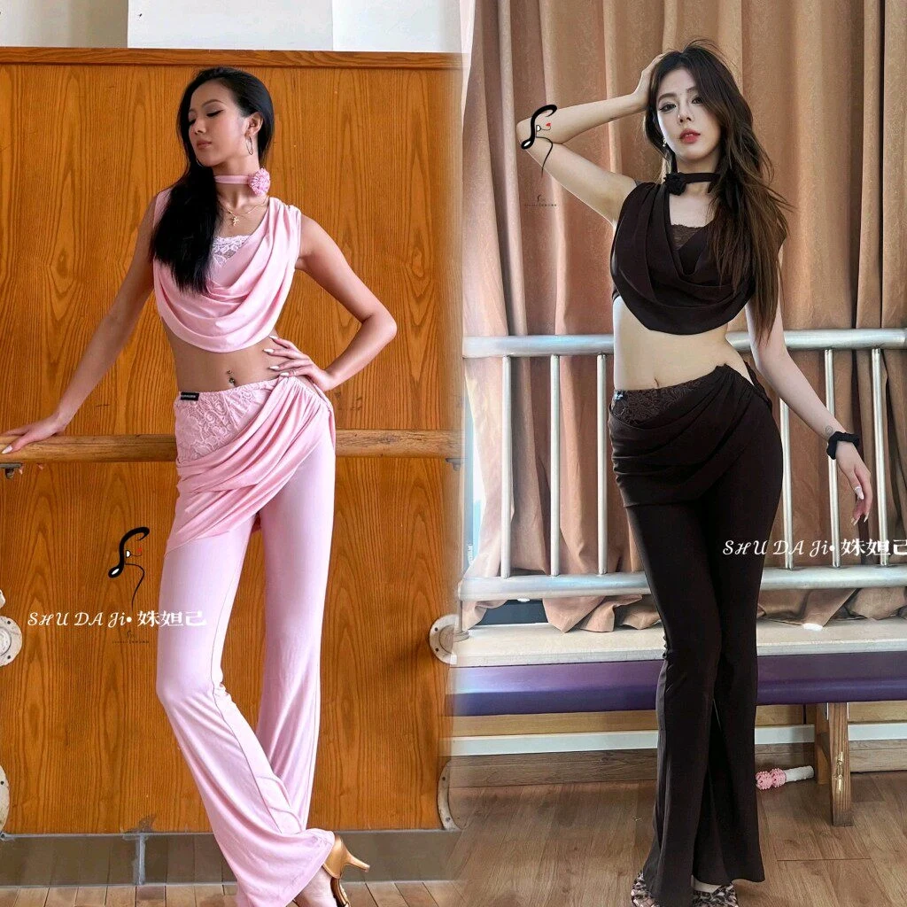 

Одежда для занятий латинскими танцами, женская кружевная блузка с отложным воротником, розовые, коричневые брюки для латинских танцев, одежда для танцев румба, танго, ча-ча-ча, SS1847