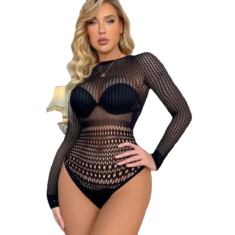 

Женское сексуальное боди в сеточку, полое нижнее белье, бикини с открытой спиной, бедра с запахом, купальник с длинными рукавами, прозрачный узкий комбинезон