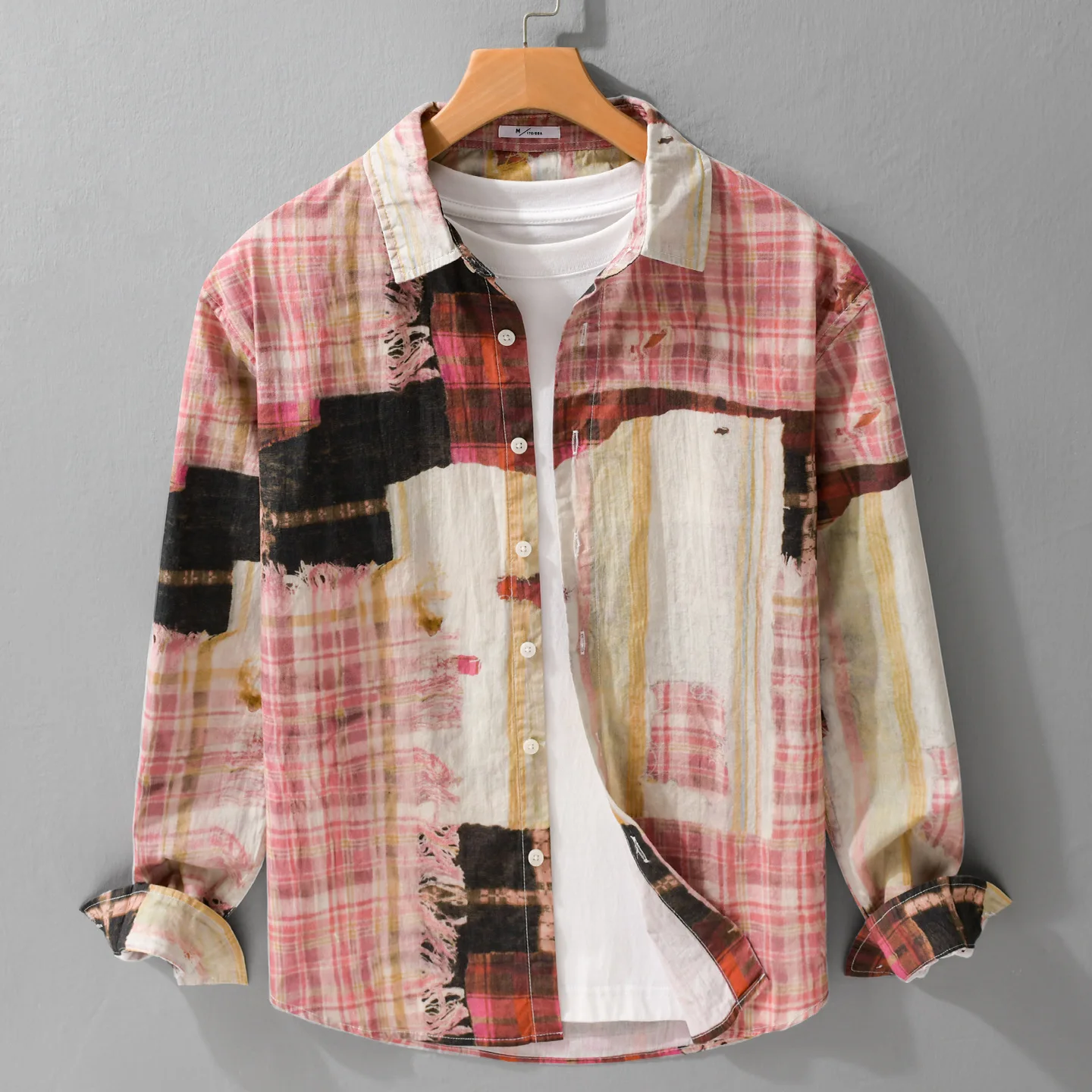 

Men Spring And Autumn Splicing Printed Long Sleeved Cotton Fashionable Versatile Shirt Male Casual Loose Fitting Shirt Cloth