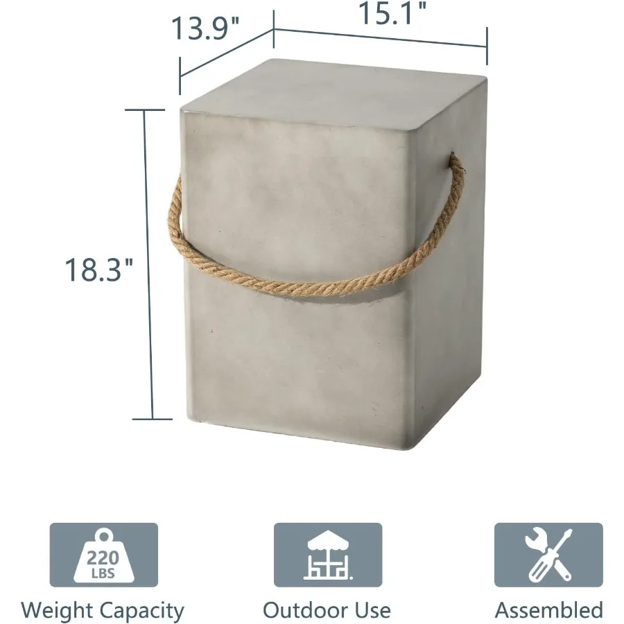 Table d'appoint rectangulaire en béton avec poignées en corde de chanvre pour une utilisation extérieure, table d'appoint de patio de 15 pouces et table basse d'appoint idéale pour G