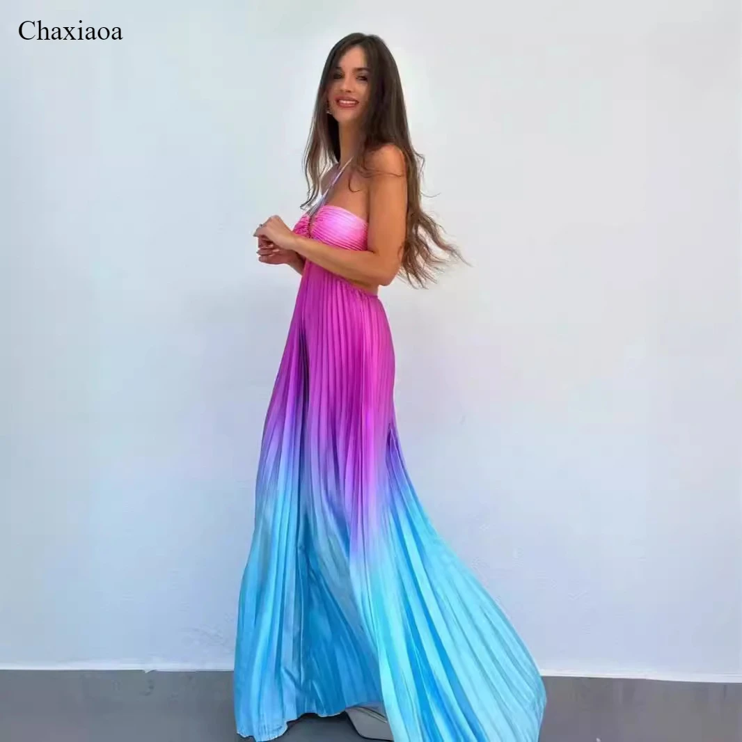 Chaxiaoa verão moda feminina vestido longo sexy halter pescoço vestido sem mangas pendurado trint confortável festa clube feminino streetwear