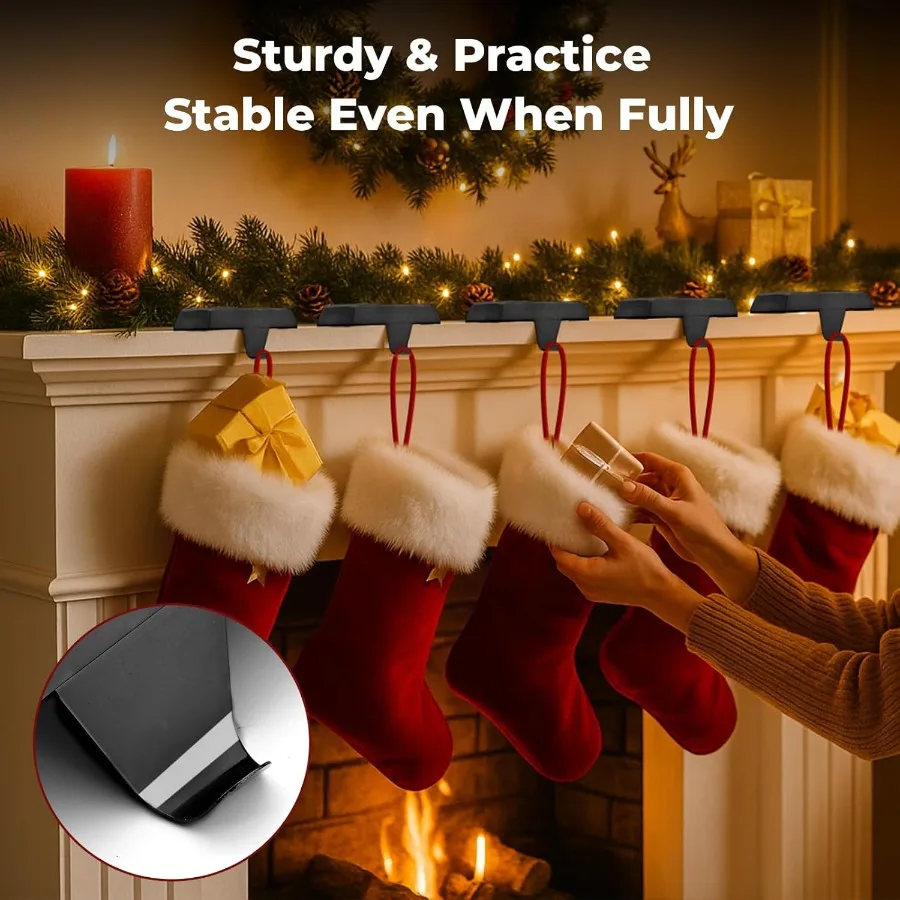 重みのあるデザインと滑り止め保護パッド付きのメタルクリスマスストッキングホルダー6個セット、マントル、テレビスタンド、階段、ドレッサー用