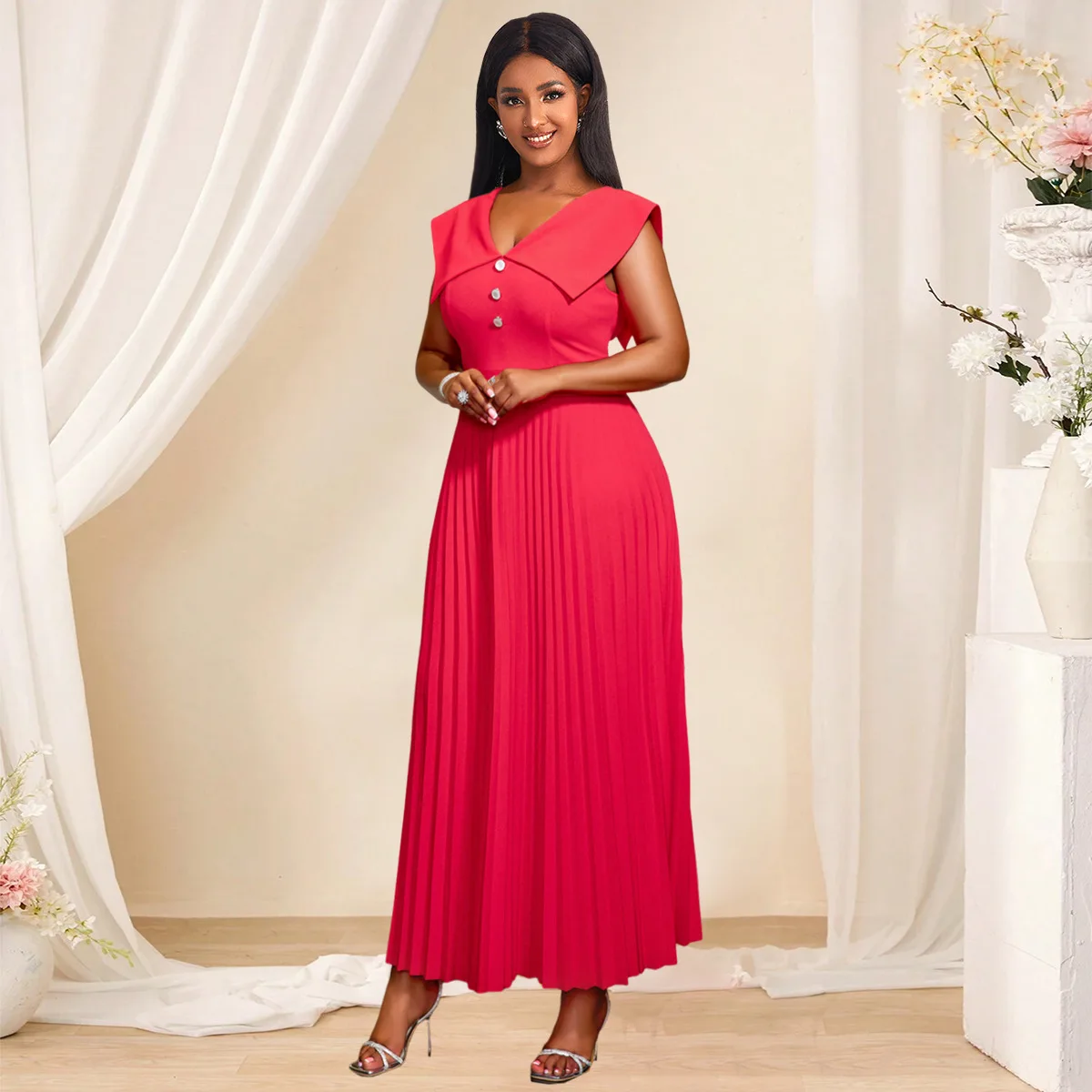 

Women Evening Dress Spring Summer Elegant Dress With V-neck And Countryside Style Showcasing White And Red Pleated Long Skirt