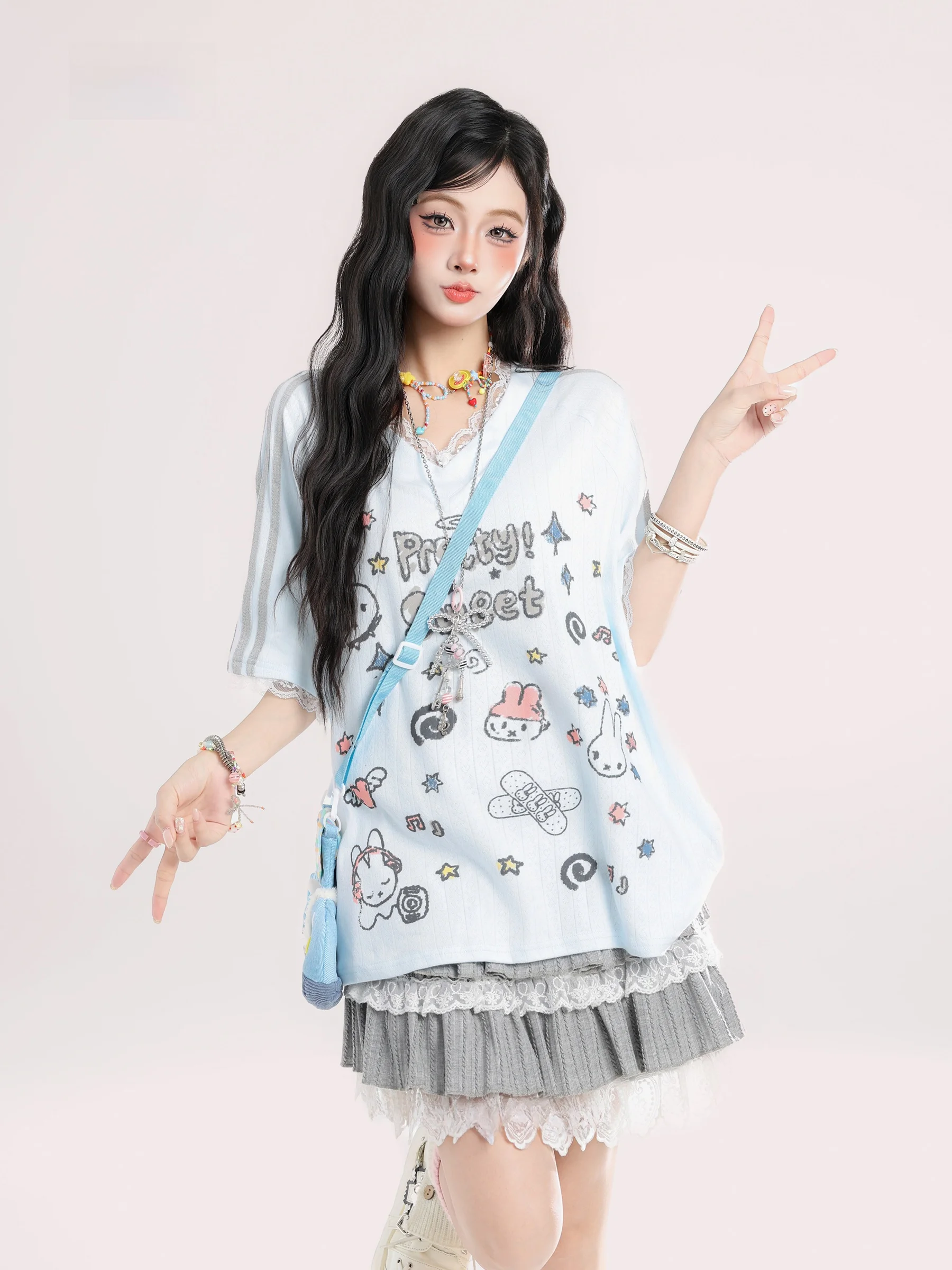 

HTYM Новая летняя женская футболка свободного кроя с кружевными вставками и V-образным вырезом, с коротким рукавом, удобная, дышащая, хлопковая, в корейском стиле