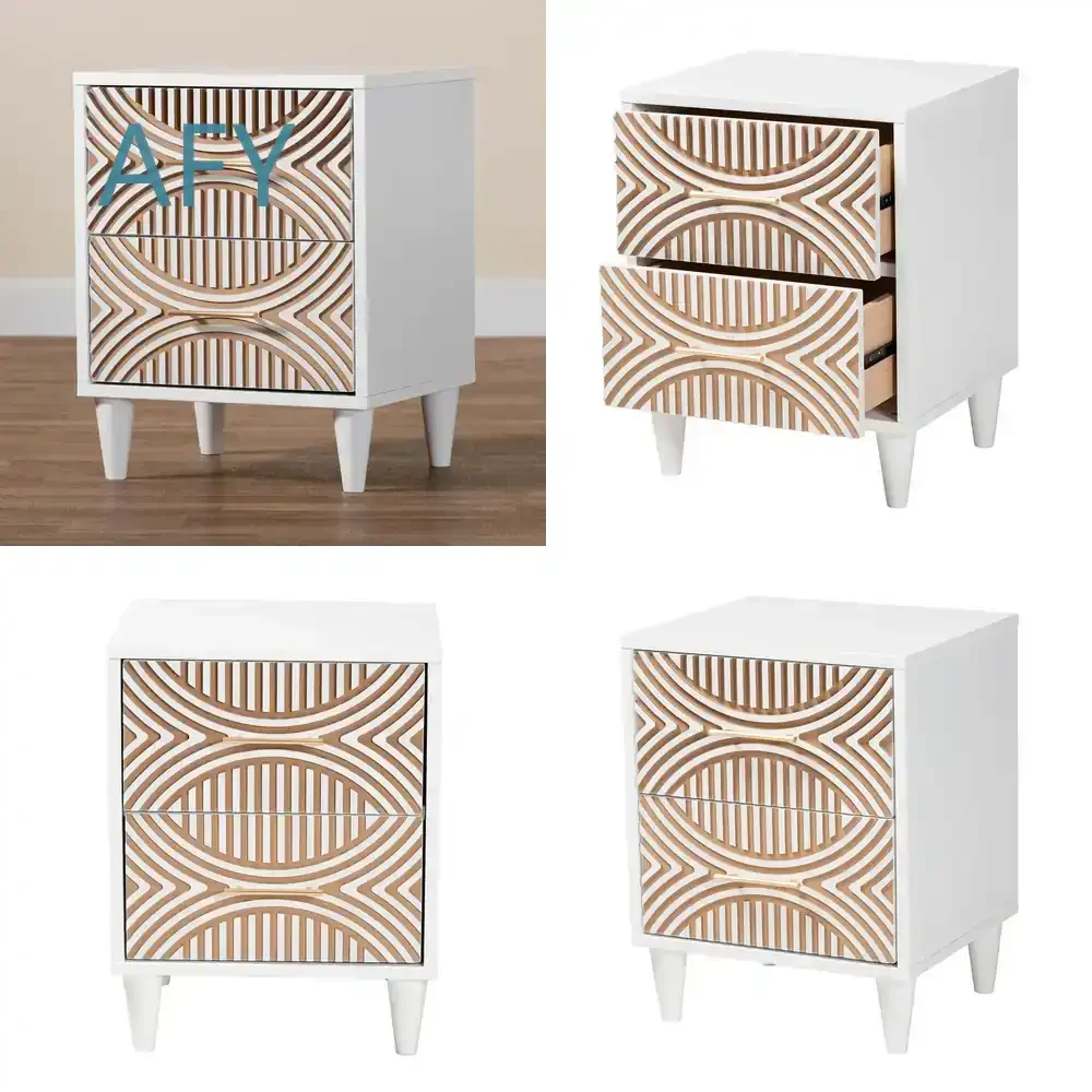 Hand Carved Convertible Solid Teak Wood Nightstand for Modern Apartment Bedroom Living Room Furniture with Geometric Pattern