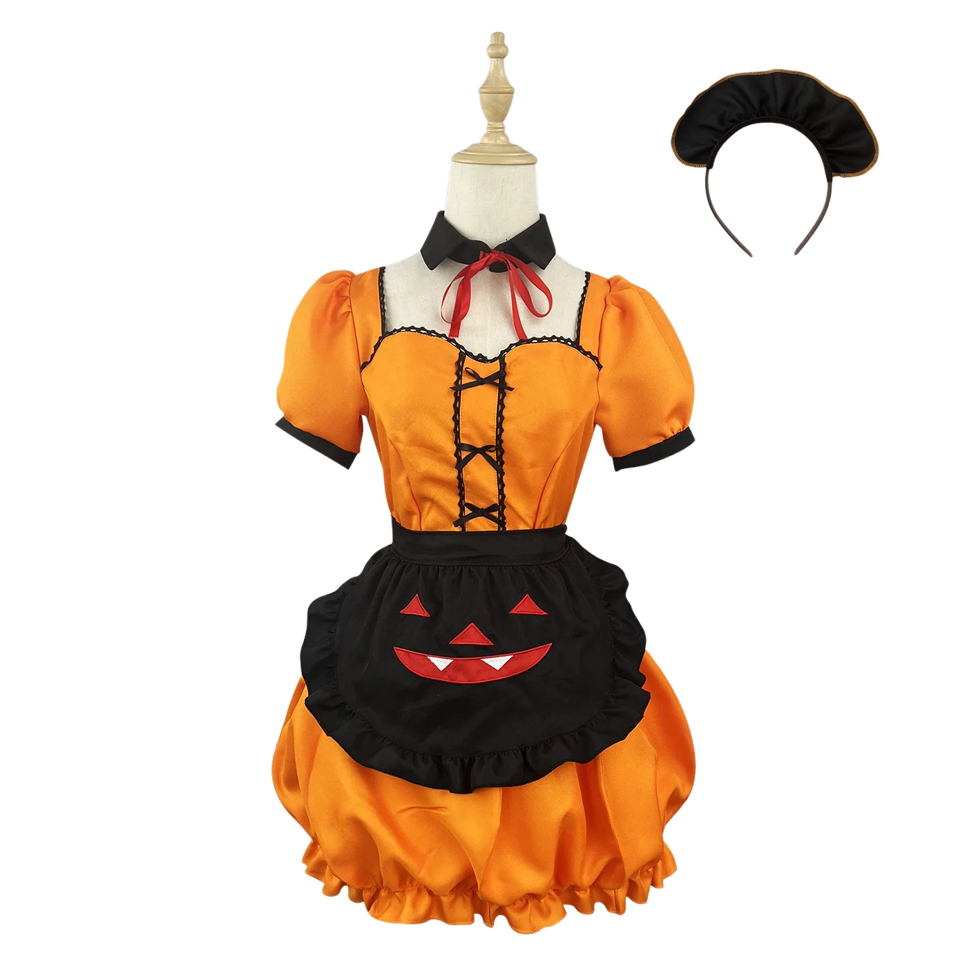 Fantasia Cosplay Abóbora Halloween, vestido de empregada, avental e chapéu manga curta, vestidos de princesa Lolita, roupa de festa para mulheres e meninas