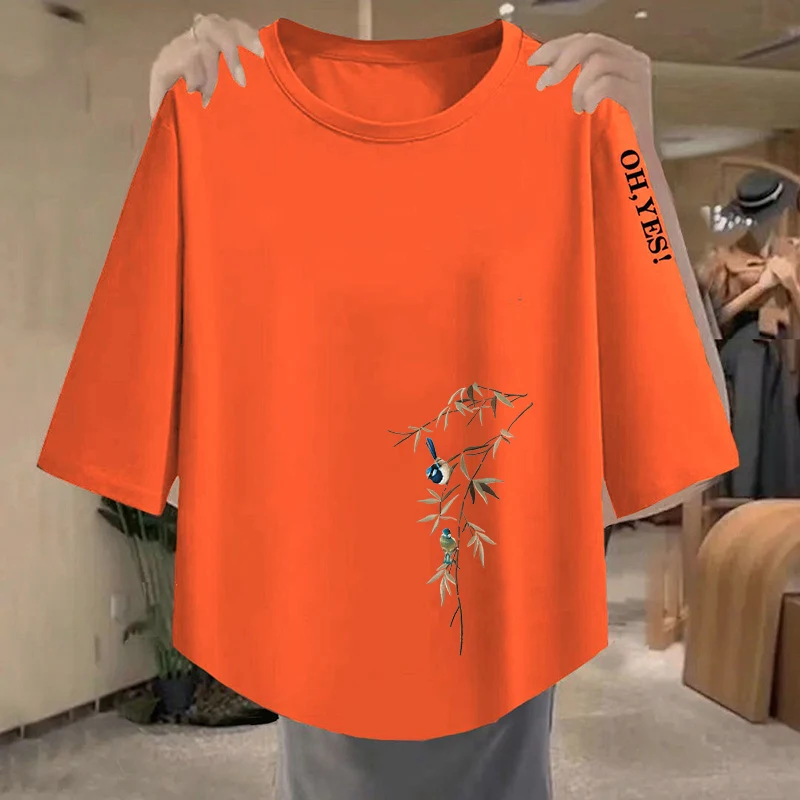 Casual Loose Women's T-shirt Trendy Slimming Seven-Quarter Sleeve Simple Design Polyester Fiber Moisture-Wicking Summer Top