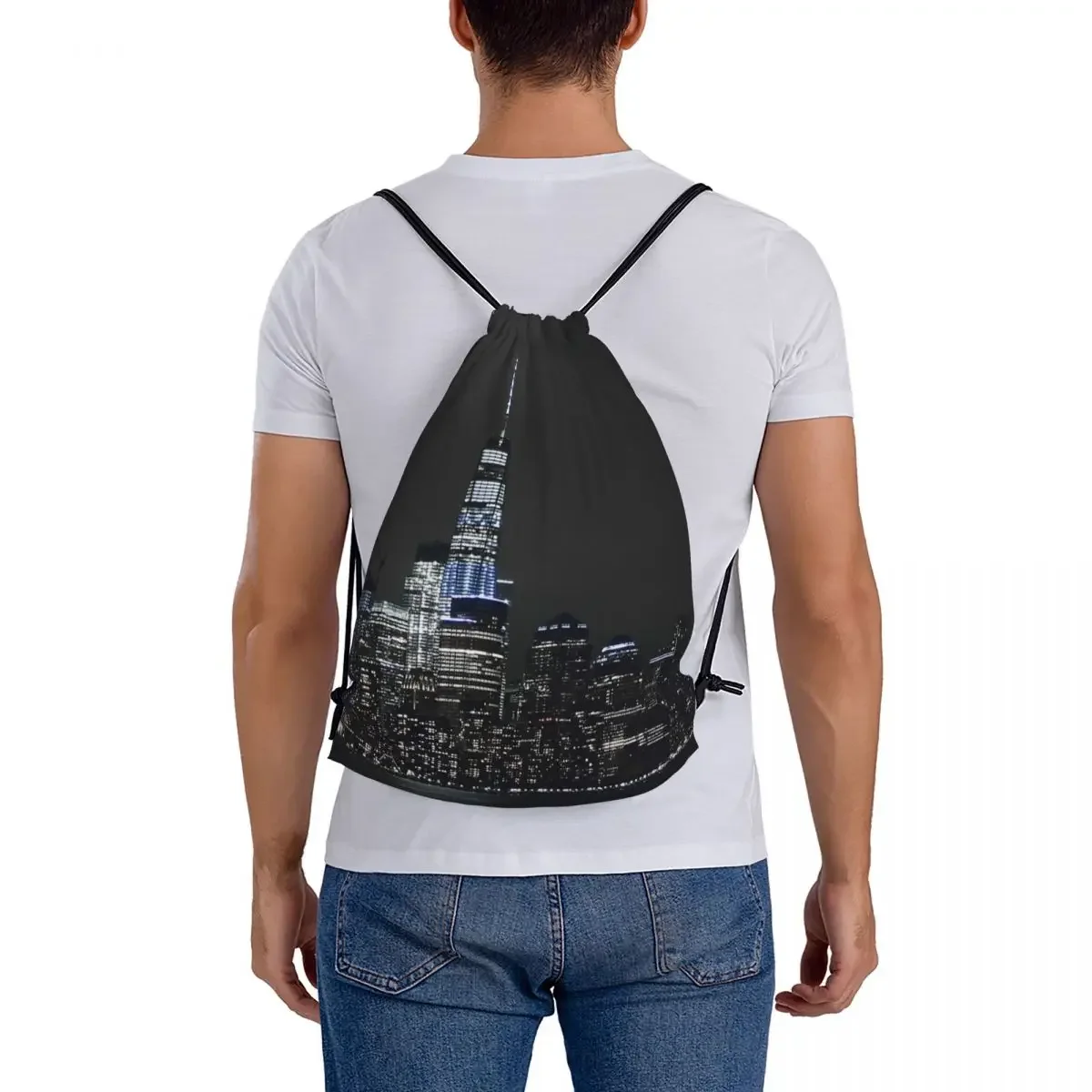 New York City Skyline Night Time Backpack Casual Portable Drawstring Bag Drawstring Bundle Pocket Sundries Bag For Travel School