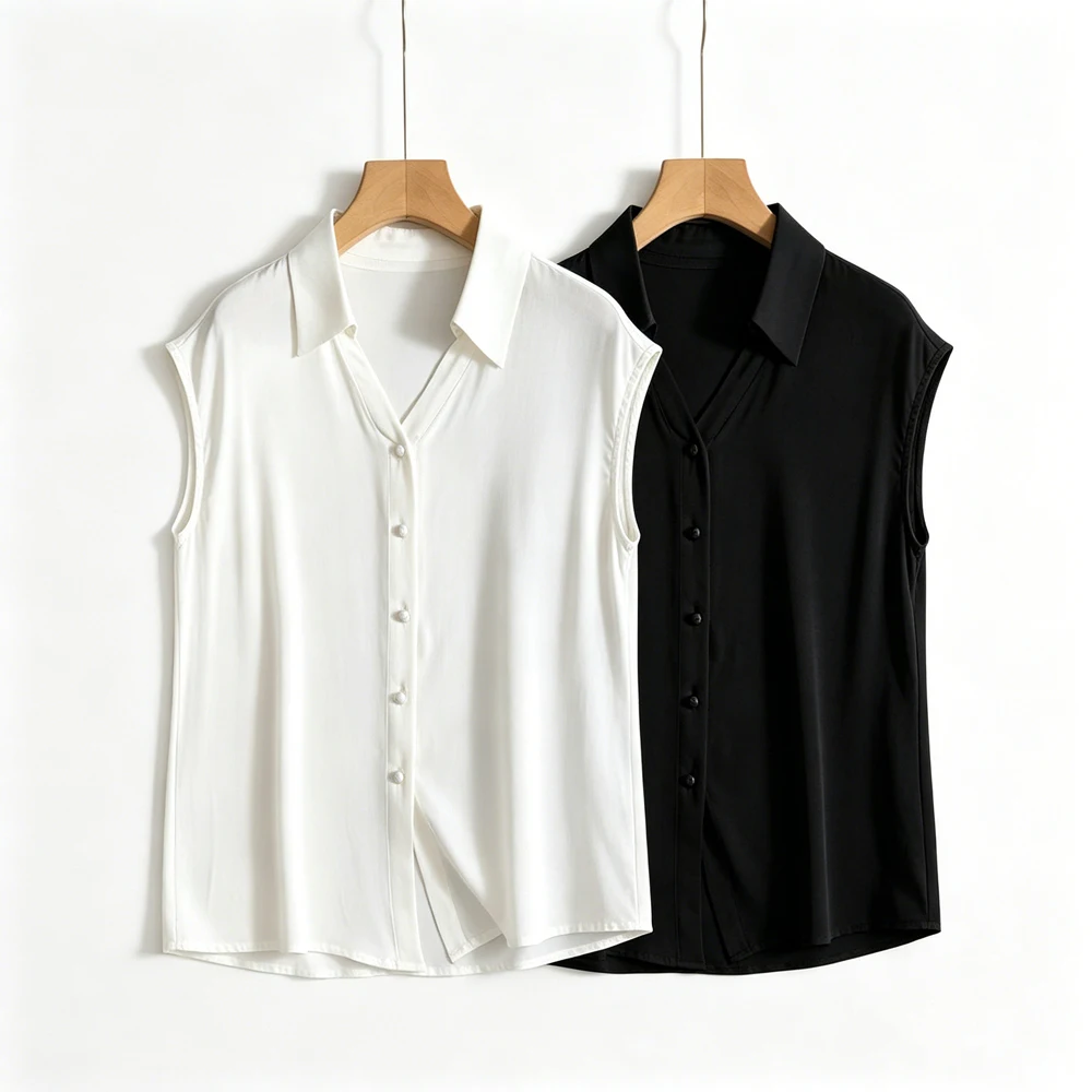 2026 Women's Fashion Summer New 93% Natural Mulberry Silk Elastic Double Qiao Satin V-neck Loose Temperament Versatile Top