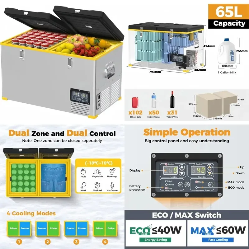 65L Dual Zone 12V 24V Compressor Portable Car Refrigerator Metal Outdoor RV Hotel