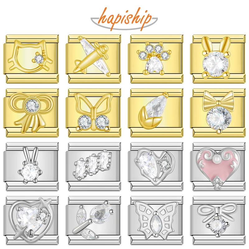 Hapiship mode étoile aile coeur rond arc-en-ciel couronne brillant CZ liens italiens charme ajustement 9mm en acier inoxydable Bracelet faisant DJ444