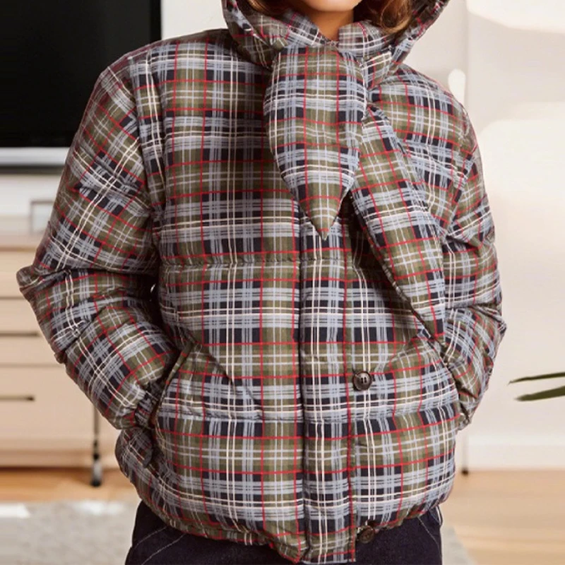 

2025 Autumn and Winter New Fashion Temperament Stand-up Collar Removable Hat Short Plaid Jacket