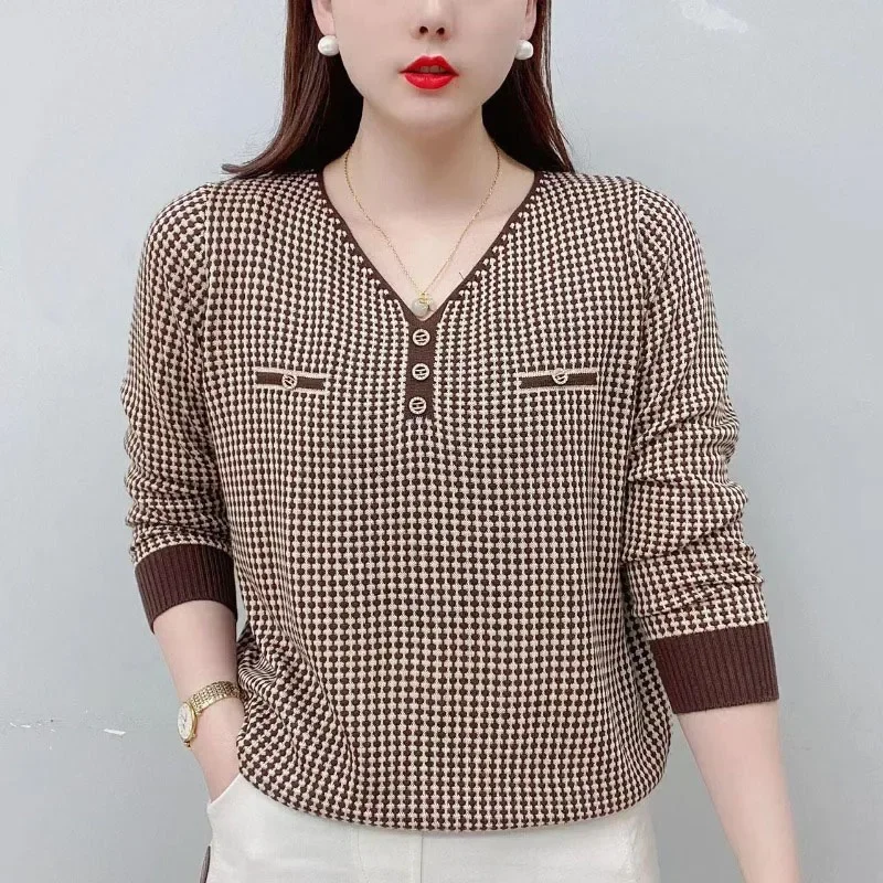 Pullover da donna primaverile ed estivo con scollo a v manica lunga Patchwork bottone di garza maglia geometrica Office Lady Fashion Vacation Tops