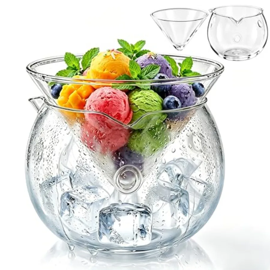

5.7-Inch Chilled Glass Serving Bowl with Ice Compartment, 12.5oz Borosilicate Cone Bowl for Individual Salad, Shrimp Cocktail,