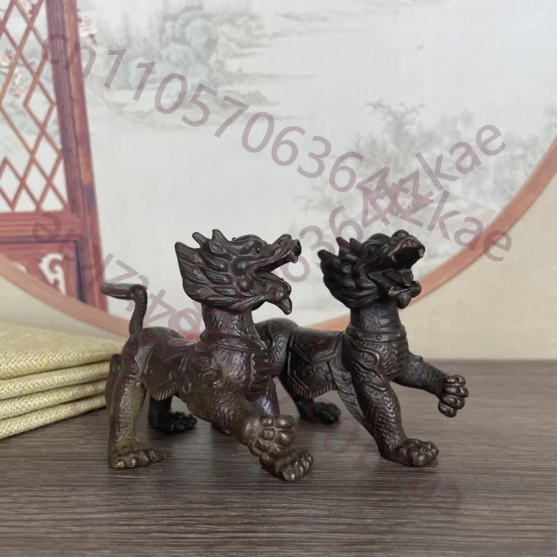 Pair of Chinese Antique Solid Copper Kirin Ornaments Town House Statue