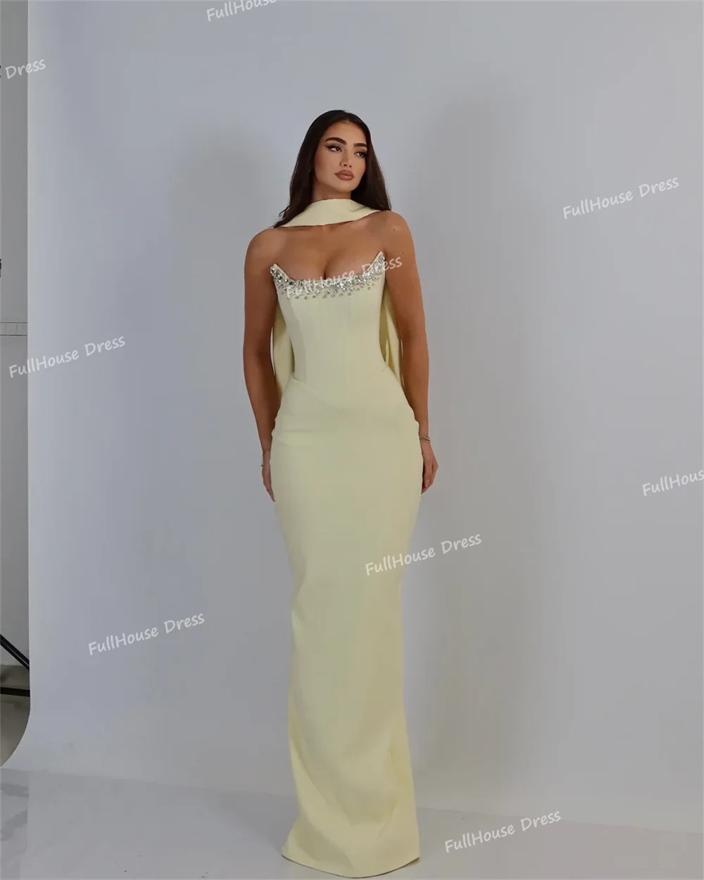 Custom Made Charming Strapless Pleated Sexy Sheath Evening Gown Backless Floor Length Shawl Party Dress with Crystal