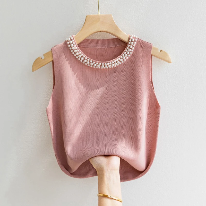 Korea Gestrickte Westen Frauen Top Solide Tank Blusas Mujer De Moda Sommer Neue Mode Weibliche Ärmellose Perlen Casual Dünne Tops – Detail 17