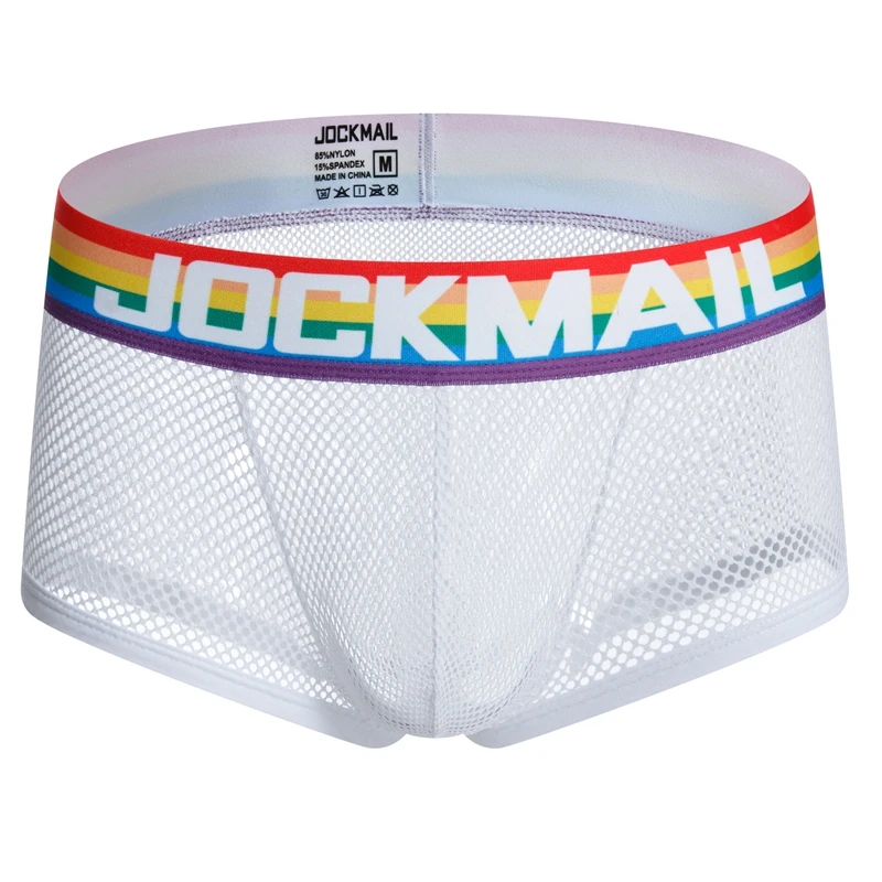 JOCKMAIL Men Briefs Underwear Sexy Breathable Rainbow stripes Underpants Nylon mesh hole fun Jockstrap Cueca Gay Male Panties