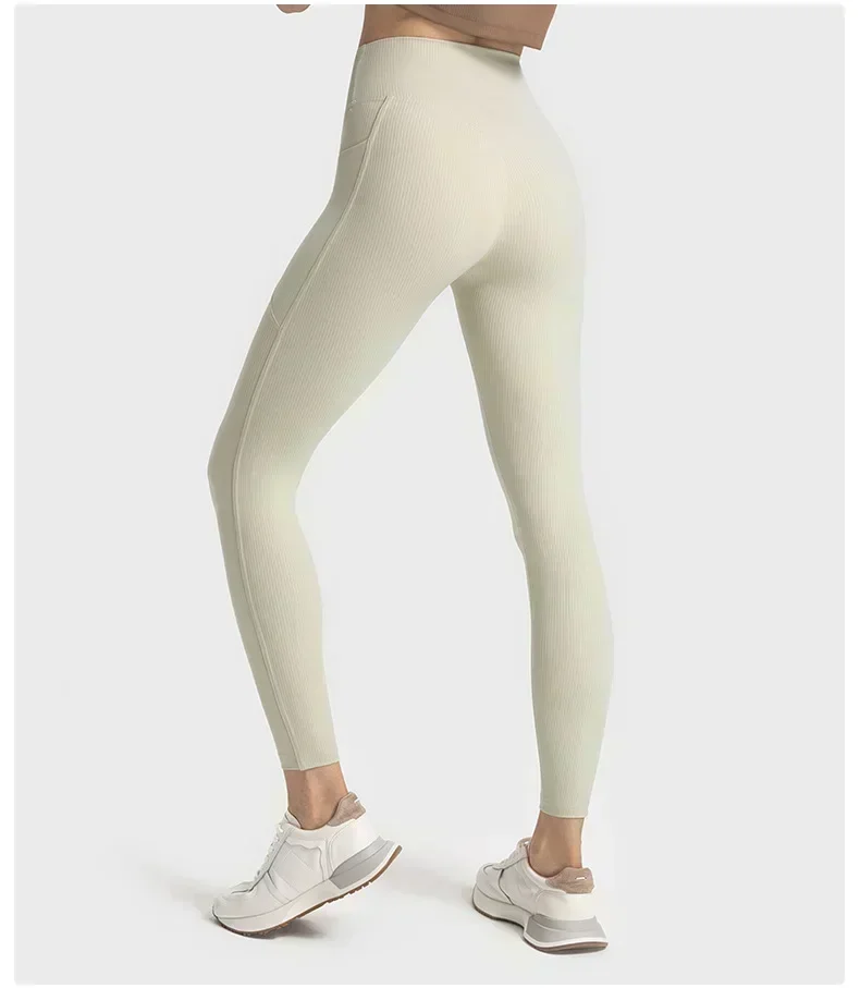 Citroen Vrouwen Hoge Taille Geribbelde Stof Leggings Met Zakken Gym Hardloopsport Yoga Broek Outdoor Jogging Panty Broek