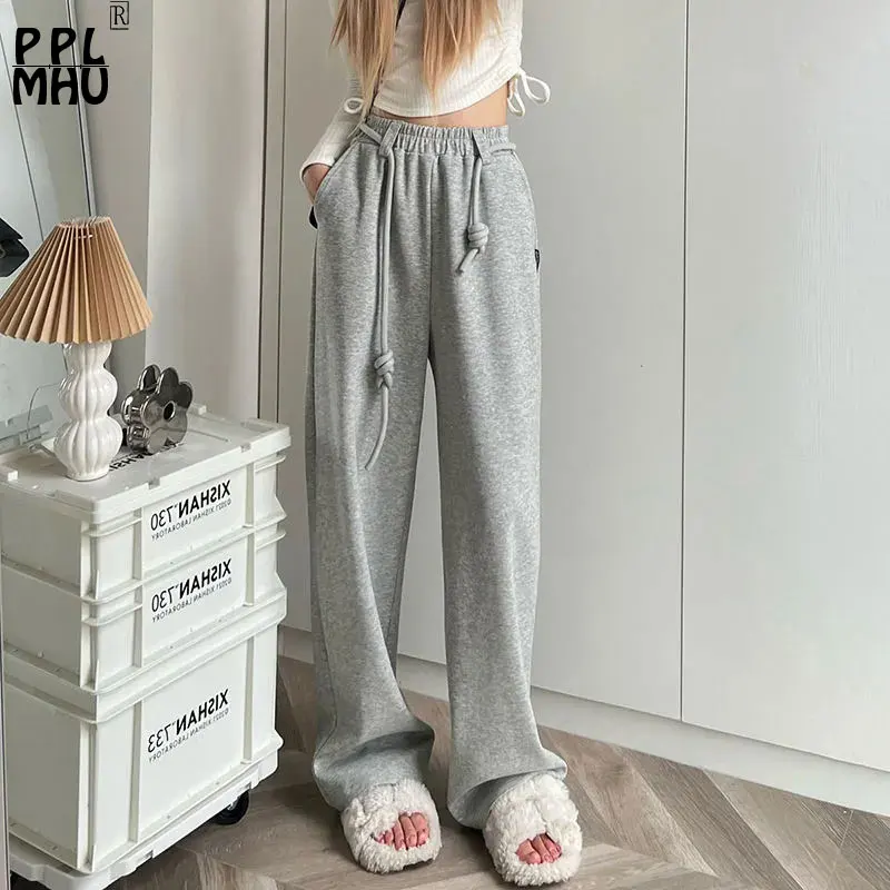 

Casual Grey Straight Sweatpants Women Chic Drawstring Jogger Wide Leg Pant Solid High Waist Trousers Basic Baggy Sport Pantalons