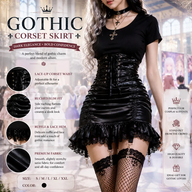 Punk Y2K Dress High Waist Gothic Satin Mini Midi Skirt Lace Up Corset Ruched Leather Look Pleated Garter Suspender Dresses New