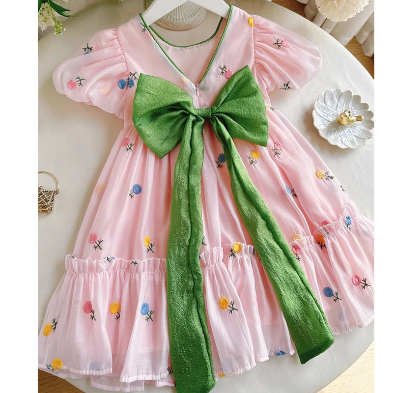 Girls' Dress Candy Colored Bow Knot Mesh Dress Princess Dress Embroidered Flower Bubble Sleeves Summer Fashion Children Clothing