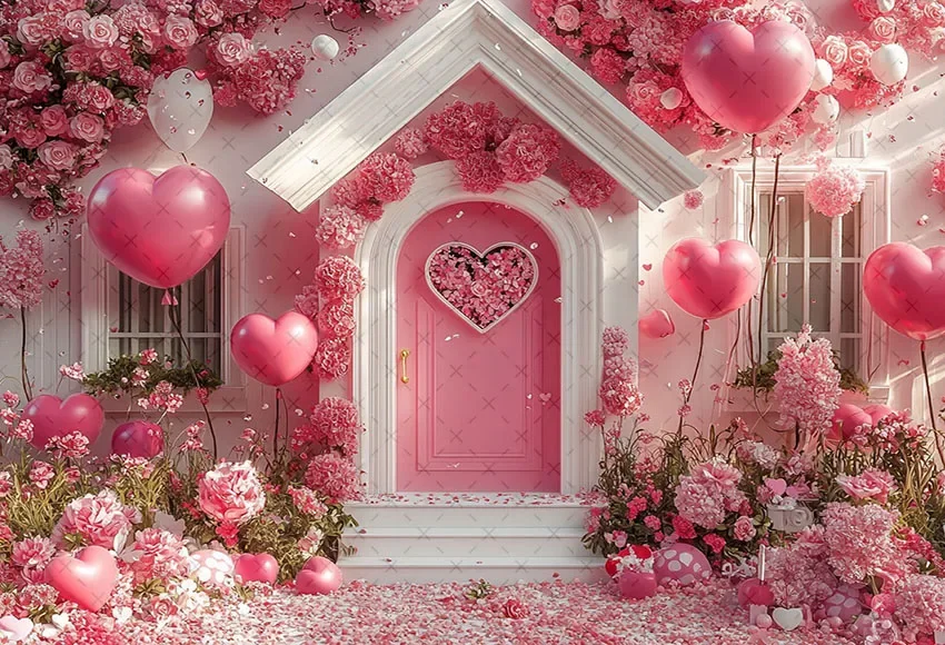 Mehofondการถ่ายภาพพื้นหลังวันวาเลนไทน์บ้านสีชมพูดอกไม้บอลลูนรักเด็กวันเกิดPortrait DecorฉากหลังPhoto Studio