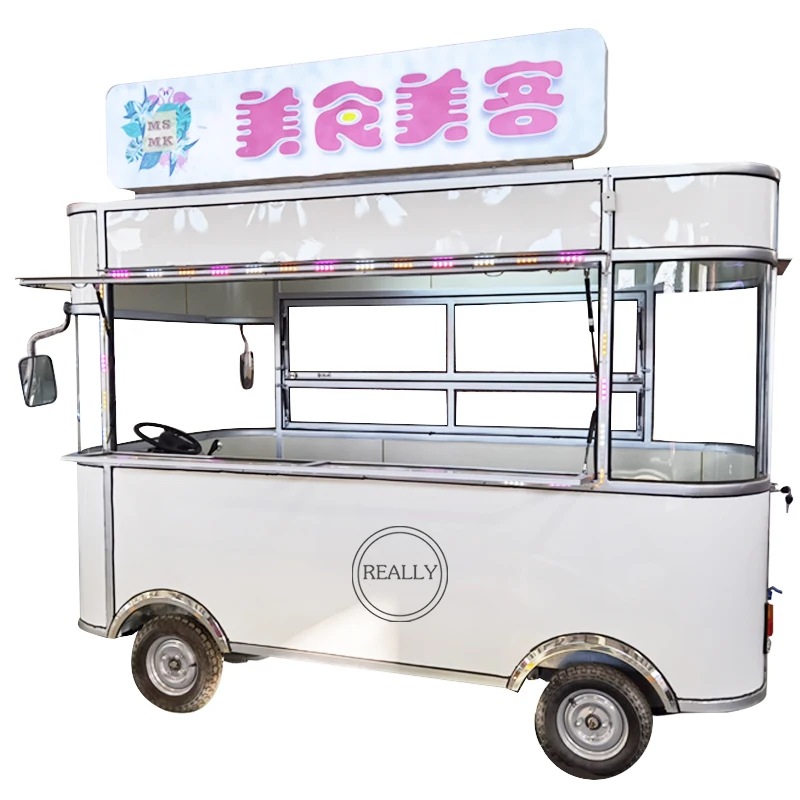 รถบรรทุกอาหารไฟฟ้าห้องครัวมือถือพร้อมโลโก้และสี Fast Snack กาแฟสุนัขร้อน Bubble Tea รถเข็นอาหารสําหรับขายปรับแต่งได้