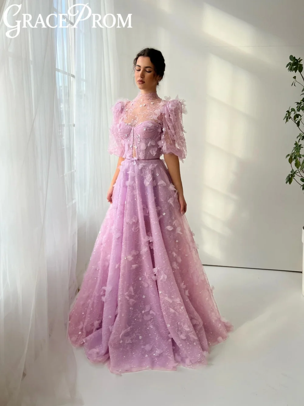 

Purple Beaded Lace Evening Dress With 3D Flower A-line Short Sleeve Formal Party Gown 2026 New Customized Stunning Banquet Gowns