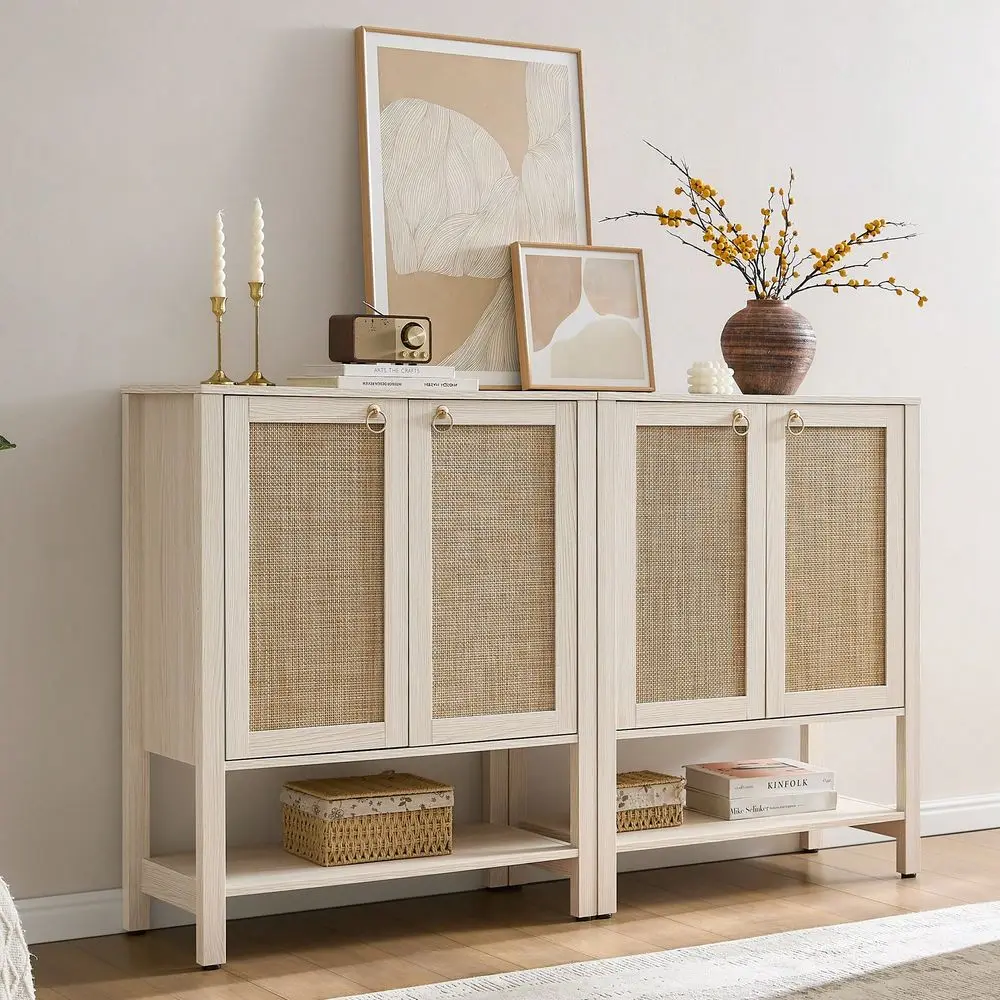Rattan Shoe Cabinet With Storage 5 Tier Farmhouse Boho Shoe Organizer Storage Cabinet With Shelves Doors, Tall Shoe Rack Cabine