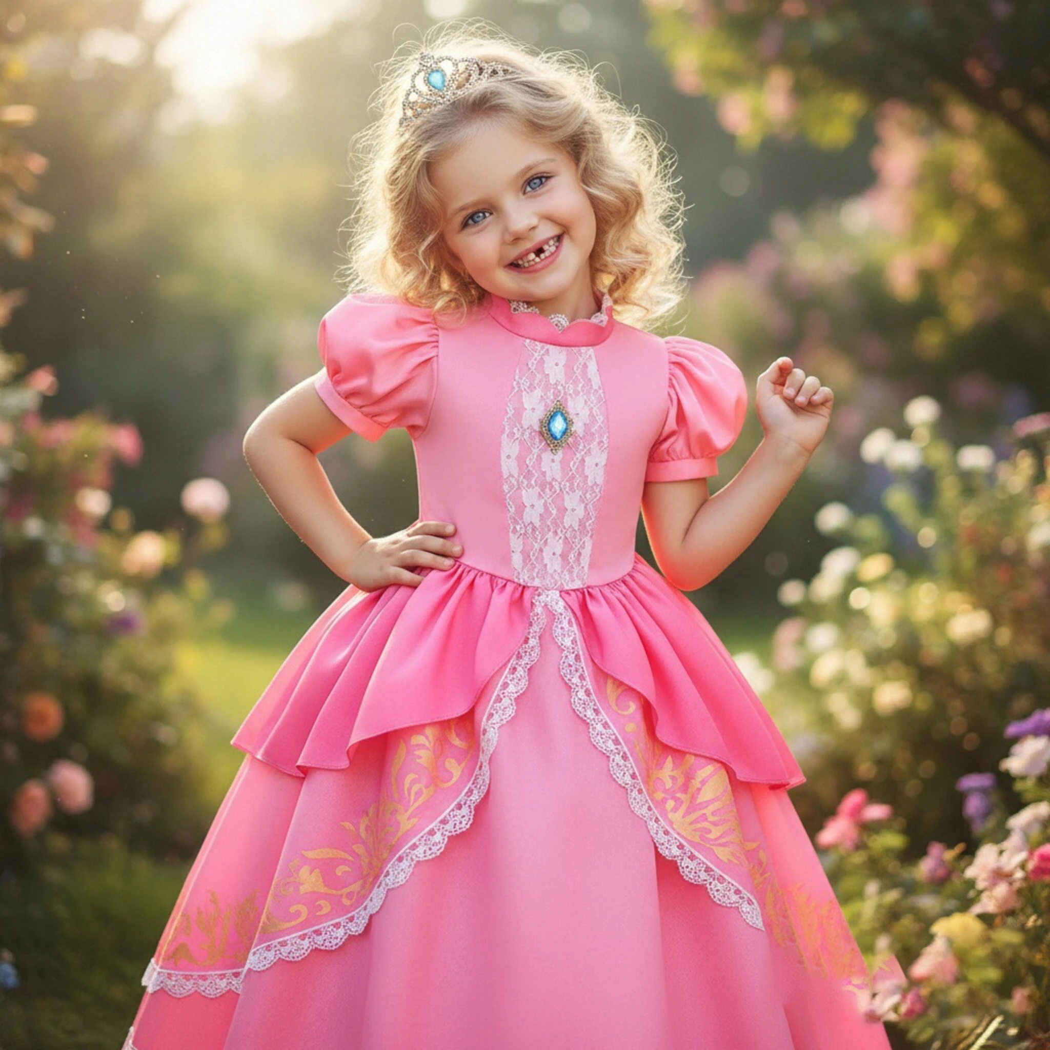 Peach Kids Mädchen Elegantes Rosafarbenes Kleid mit Spitze, Ausgefallenen Puffärmeln, Prinzessinnenkleid-Version, Patchwork-Kinderkostüm – Detail 10