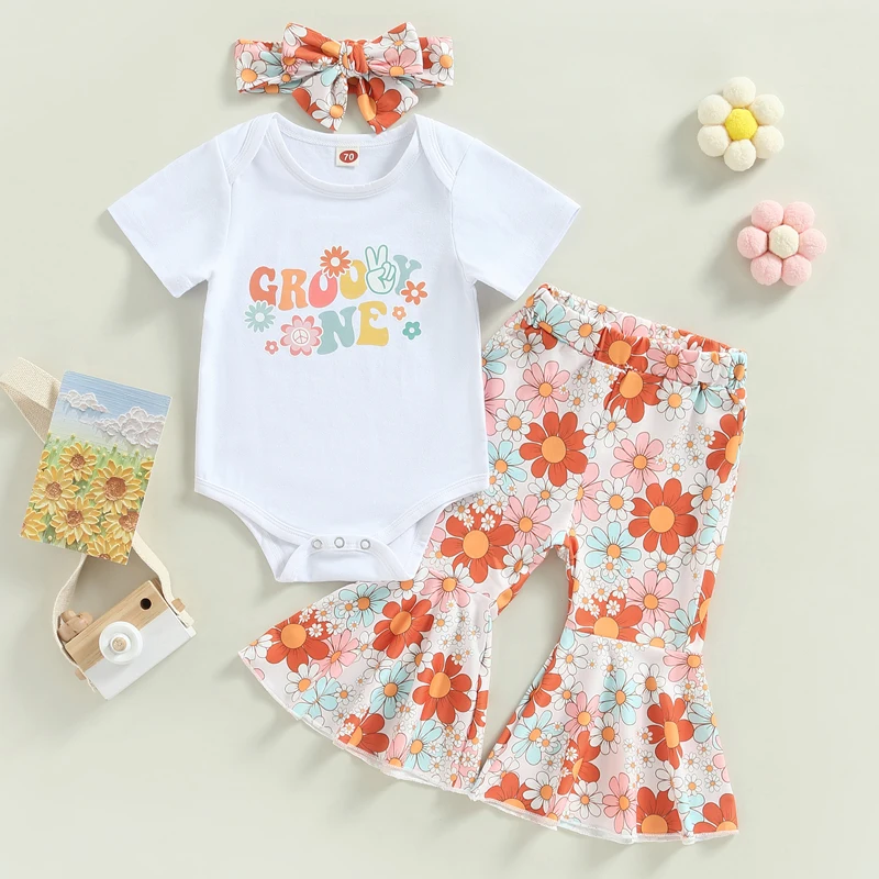 2022-12-17 Lioraitiin 0-3Years Toddler Baby Girls 3Pcs Outfit Sets White Short Sleeve Letter Print Romper Floral Flared Pants