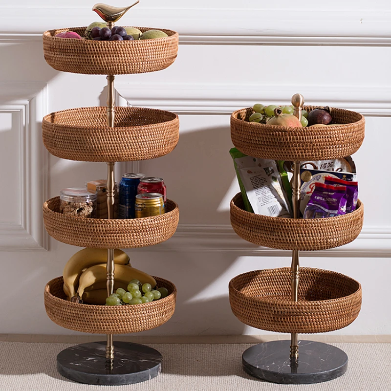 Light and luxurious brass rattan woven basket, multi-layer fruit storage rack, retro home living room snack rack, floor to floor