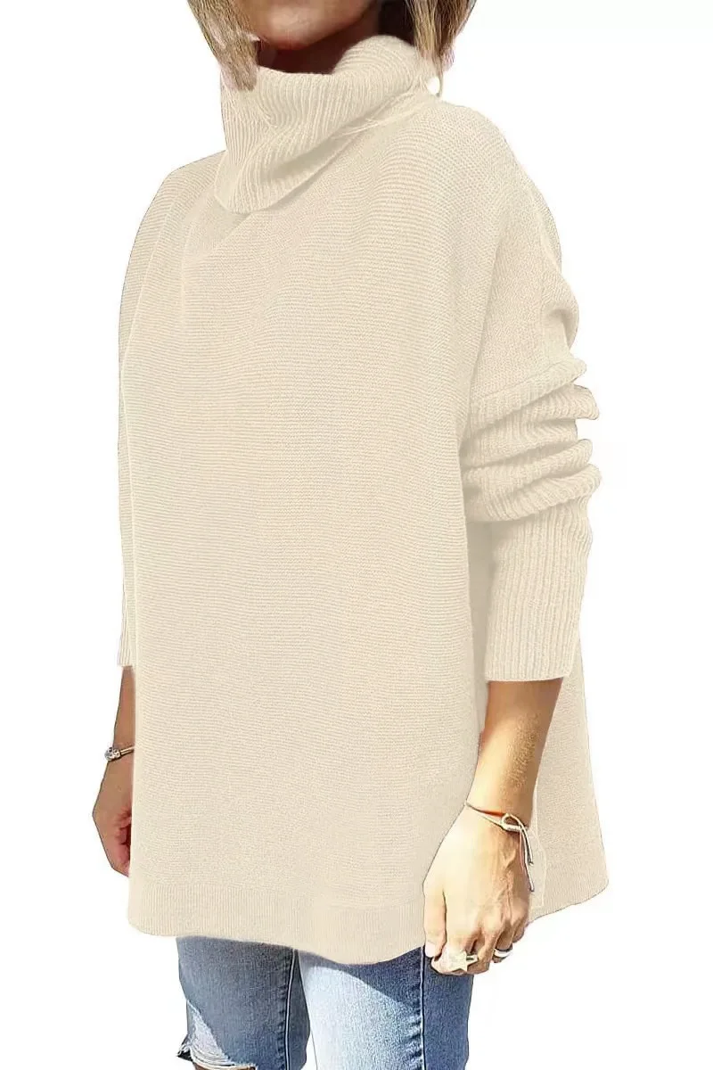 2024 Autumn Winter High Neck Sweater Mid Length Bat Sleeve Hem Tie Waist Pullover Sweater Knitted Women's