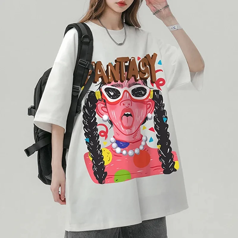 Pure Cotton American Loose Tees Women Hip Hop Lazy Oversize Tops O Neck Summer Harajuku Y2K Fashion Casual Pullovers