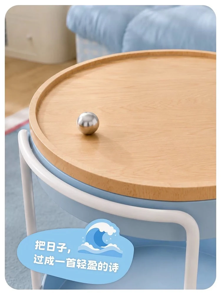 Home Furniture Round 2 Tier Rolling Side Table Storage Cart Small Coffee End Table Lockable Wheel Sofa Bedside Organizer Trolley