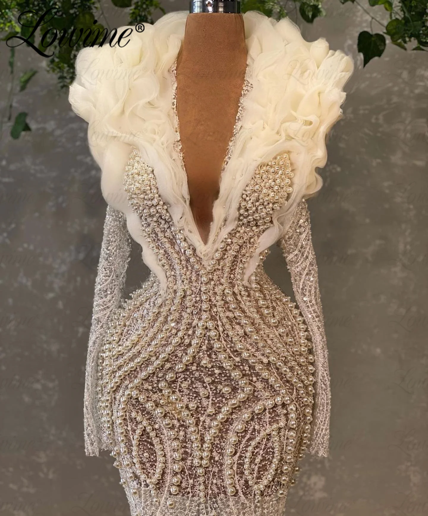 2024 Designer Aso Ebi Wedding Party Dresses Beaded Pearl Formal Evening Gowns Arabic Long Sleeves Ruffles Mermaid Prom Dress