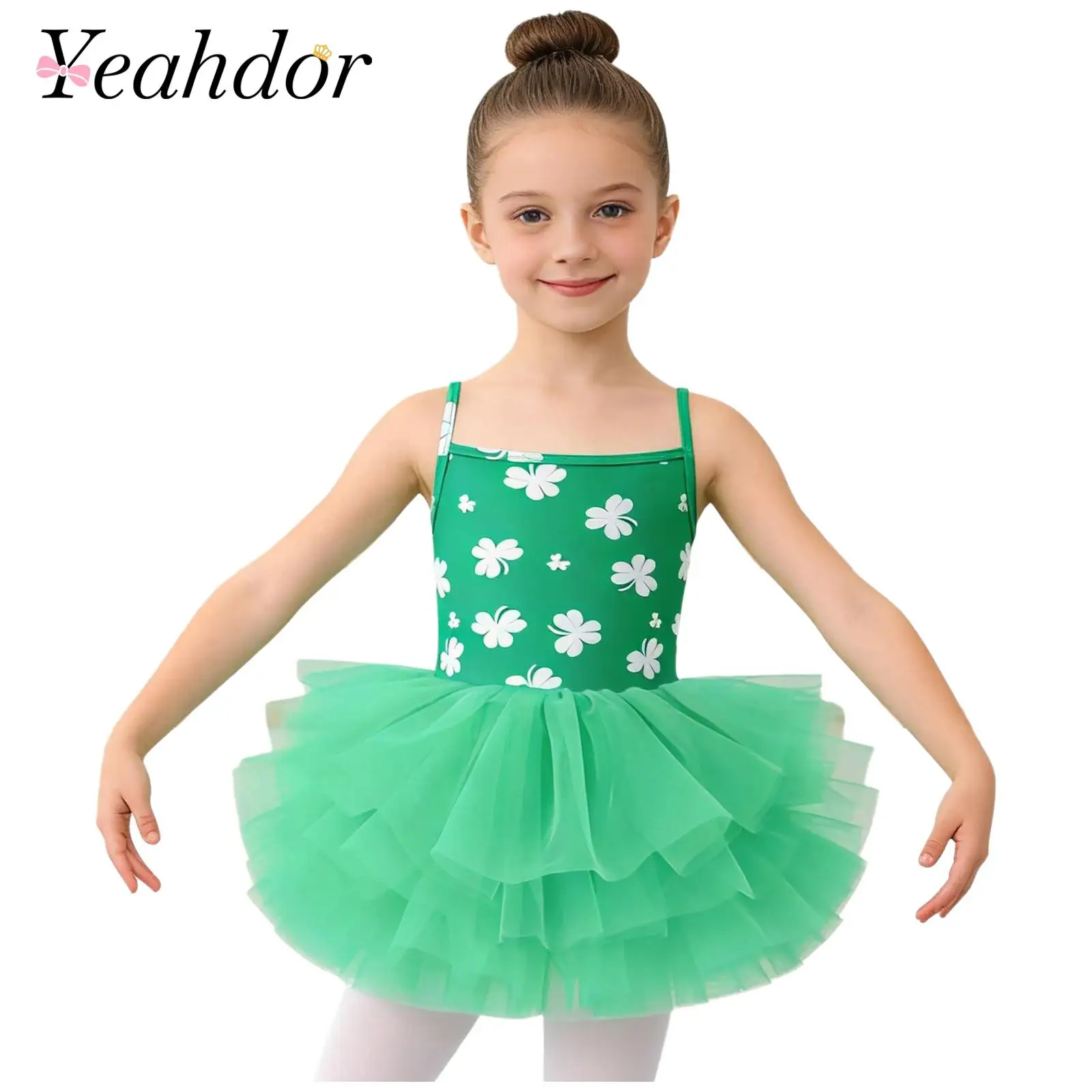 Maillot de Ballet con Tirantes Finos para Niñas, Tutú de Danza, Vestido de Tul con Estampado de Corazones y Hojas para Competencia de Danza