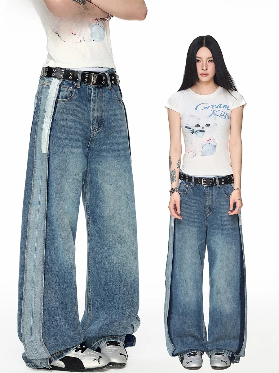 Calças Jeans Retrô Americanas Lavadas de Perna Larga, Cintura Baixa, Unissex, Estilo Casual Juvenil, Soltas, Corte Reto, Resp...