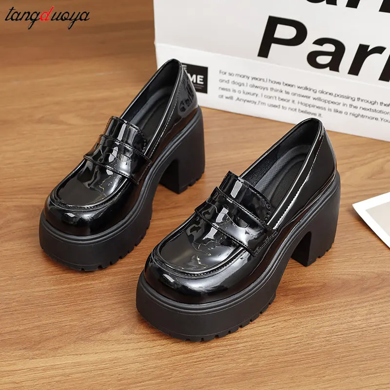 Pu Leather Platform Loafers Woman 2024 Retro British Style Thick Heels Oxfords Shoes Women Slip On College Gothic Lolita Shoes