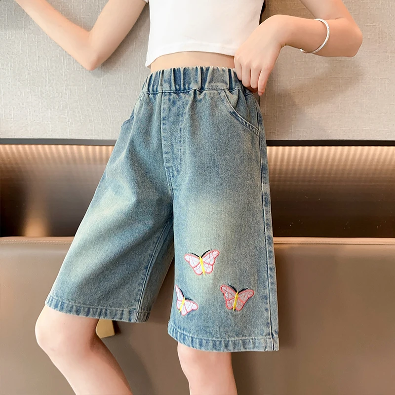 

Kids Child Loose Straight Denim Shorts with Butterflies Embroidery For Girl New Summer Knee Length Butterfly Jeans Shorts Capris