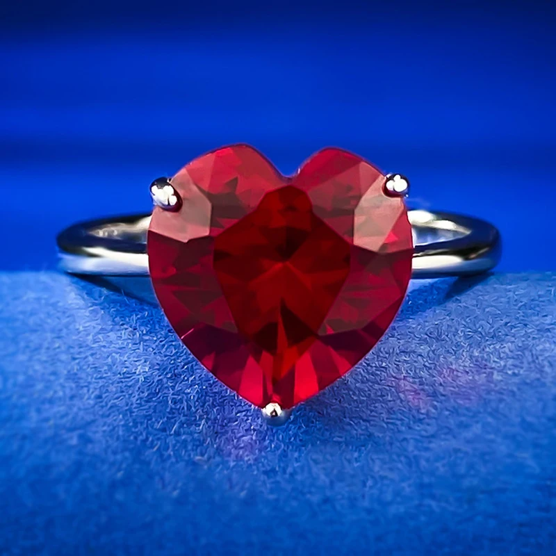 S925 Sterling Silver 4 Carat Heart shaped 10 * 10mm High Carbon Diamond Red Ring Love Europe and America Simple Atmosphere Ring