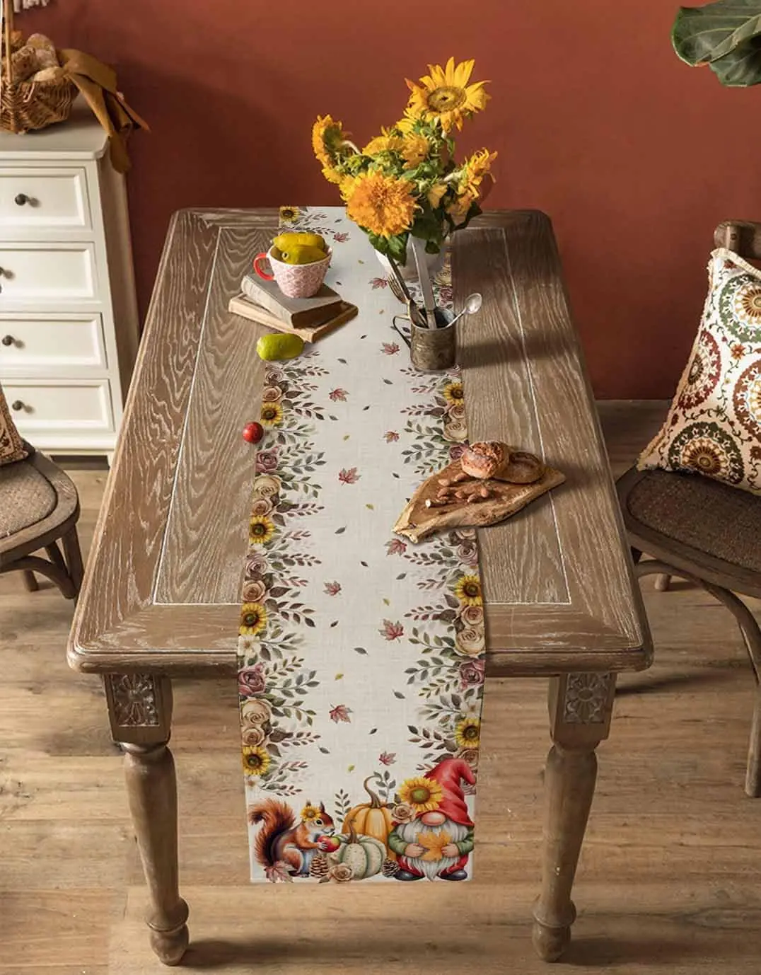 Autumn Gnome Squirrel Pumpkins Linen Table Runner Holiday Party Decor Fall Sunflower Maple Leaf Table Runners Thanksgiving Decor