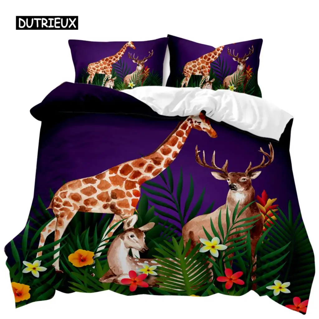 

Forest Animal Duvet Cover Set Giraffe Sika Deer Bedding Set Safari Animal Zoo Beeding Double Queen King Polyester Qulit Cover